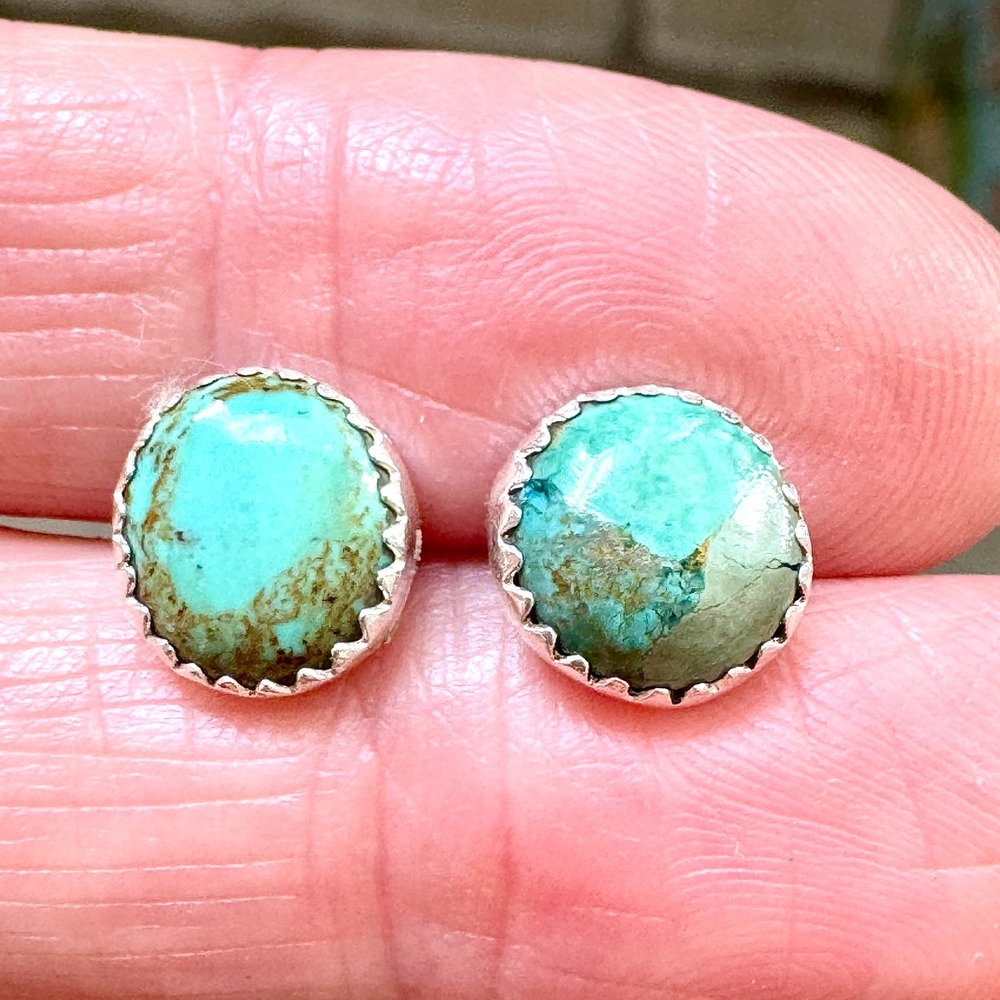 Navajo Turquoise Stud Earrings Sterling Silver 925 Small 10mm Pierced Handmade 6